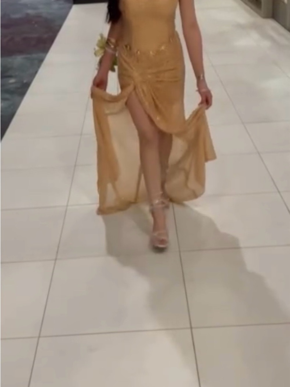Gold Evening Dress with Sheer Train